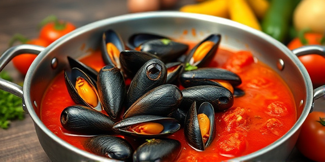 Una sartén con mejillones y salsa de tomate, rodeada de ingredientes frescos y hierbas aromáticas.