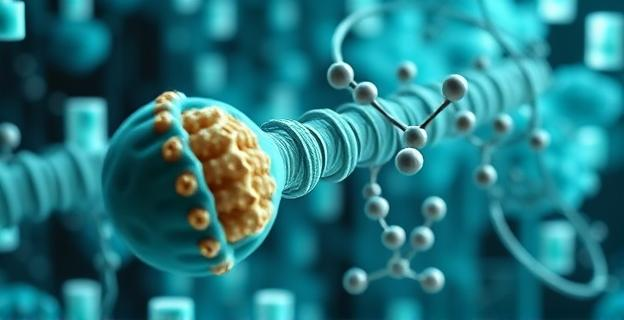 Un microscopio electrónico enfocado en una vista ampliada de un telómero, que parece una punta protectora en el extremo de un cromosoma. Alrededor, moléculas de cafeína flotan en un entorno de células cerebrales estilizadas, sugiriendo un efecto protector y ralentizador del envejecimiento. La paleta de colores es científica, con tonos azules, verdes y blancos.