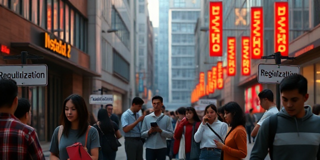 Una avenida urbana con carteles de "Regularización" y jóvenes de diversas etnias mirando pasaportes, sin rostros, con la sombra de edificios modernos y luces de neón que reflejan la tensión de la migración