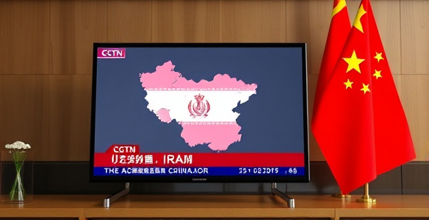 Una pantalla de televisión mostrando un informativo de CGTN con un mapa de Irán y banderas de España y China en el fondo