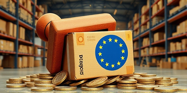Una ilustración satírica de un paquete de cartón pequeño con logos genéricos de compras online, siendo aplastado por un sello gigante de caucho con la bandera de la Unión Europea. Alrededor del paquete, monedas de euro caen como lluvia sobre un fondo de almacén logístico caótico y saturado.