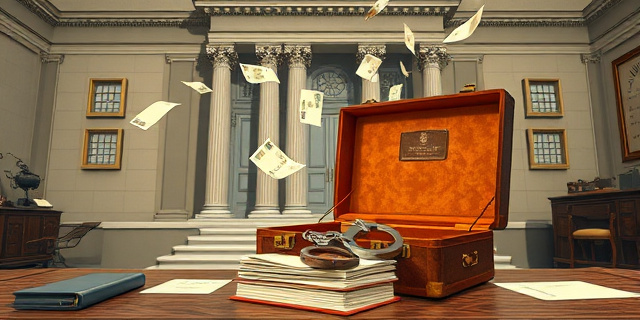 Una ilustración conceptual y satírica. Un edificio gubernamental clásico y sobrio donde, a través de una ventana, se ve un archivo de papeles volando como si fueran billetes. En primer plano, un maletín de cuero abierto sobre una mesa de oficina antigua, con esposas de metal cerrándose sobre un fajo de documentos oficiales. Estilo editorial de revista, colores contrastados, atmósfera de tensión administrativa.