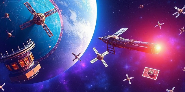Una vista abstracta y colorida del espacio exterior, con formas geométricas flotantes que evocan telescopios, paneles solares y la estructura de una estación espacial. Predominan los tonos azules, morados y dorados. Estilo artístico futurista y onírico.