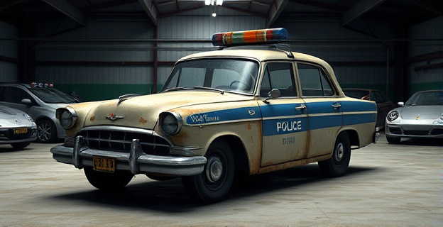 Imagen de un vehículo policial antiguo y deteriorado en un garaje, con otros vehículos más modernos al fondo
