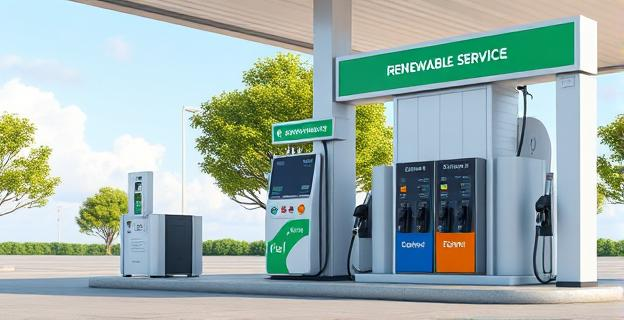 Imagen de una estación de servicio con surtidores de combustible renovable y un cartel que muestra las opciones de combustibles sostenibles