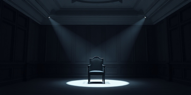 Una sala de audiencias vacía y sobria, con una única silla iluminada por un foco. Sobre la silla, una sombra difusa que insinúa una figura humana. El ambiente debe ser opresivo y sugerir un juicio, pero sin mostrar rostros ni detalles específicos.
