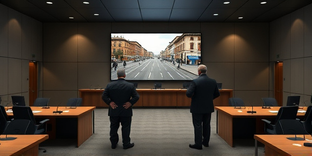 Escena en la sala de reuniones del Ayuntamiento de Zamora con una gran pantalla que muestra la Avenida de Requejo, mesas de conferencias, una figura imponente de alcalde y otra de ministro en posiciones de tensión, mobiliario moderno, luces bajas, sin rostros identificables, ambiente de debate político.