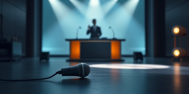 Una ilustración conceptual de un set de televisión moderno donde un micrófono solitario yace en el suelo bajo un foco dramático. Al fondo, una silueta borrosa de un presentador detrás de un escritorio, mientras que el espacio vacío sugiere una salida abrupta. Estilo editorial, colores fríos con un contraste fuerte de luz, atmósfera de tensión y vacío.