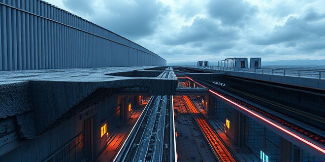 Una ilustración conceptual y satírica que muestra un muro fronterizo masivo y gris en la superficie, pero debajo de la tierra se revela una red compleja y lujosa de túneles iluminados con luces LED, raíles de tren y ascensores, contrastando la rigidez de arriba con el caos organizado de abajo. Estilo editorial de revista, colores contrastados, sin personas reales.