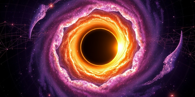 Una representación artística y surrealista de un agujero negro supermasivo en el centro de una galaxia espiral. Alrededor del disco de acreción brillante y dorado, se visualiza una red etérea, translúcida y geométrica de color púrpura oscuro y negro que representa la materia oscura envolviendo el sistema. Estilo cinematográfico, contrastes profundos entre la luz cegadora del centro y el vacío cósmico, con ondas de choque que parecen ecos visuales expandiéndose hacia el exterior.