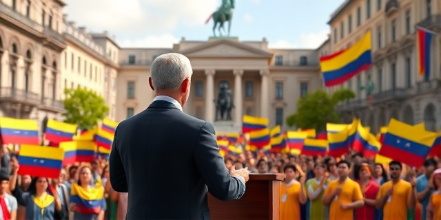 Un escenario urbano con un escenario de teatro en la Plaza de España, donde un político de medievo con traje y corbata habla frente a una multitud de venezolanos que sostienen pancartas de colores. Al fondo, un edificio con la bandera española y una estatua de la democracia, sin rostros explícitos.