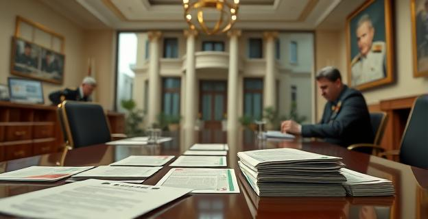 Una escena de una oficina de la Guardia Civil con documentos y dinero incautado sobre una mesa, y un fondo con una casa de lujo y un notario firmando documentos falsos.