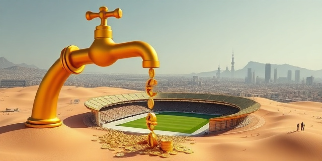 Una ilustración satírica y conceptual. Un grifo gigante de oro que vierte monedas de euro sobre un desierto africano, transformándolo en un estadio de fútbol hipermoderno y lujoso. Al fondo, una silueta de la ciudad de Casablanca. Estilo editorial de revista económica, colores contrastados, atmósfera de ironía política, sin rostros humanos definidos.