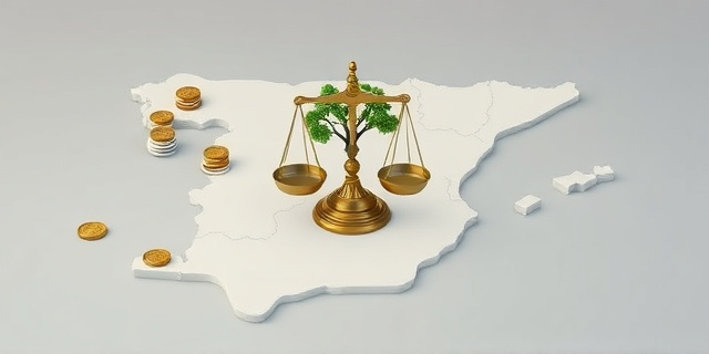 Una ilustración conceptual y satírica. Un mapa de España dividido como un tablero de juego donde algunas piezas son monedas de oro y otras son facturas fiscales. En el centro, una balanza desequilibrada: en un plato hay un árbol genealógico y en el otro un sello oficial de Hacienda. Estilo editorial moderno, colores contrastados, fondo minimalista, sin texto.