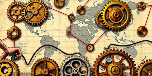 Ilustración digital con estilo de grabado antiguo. Un laberinto de engranajes dorados y oxidados, representando la burocracia, con manos que insertan monedas en ranuras ocultas.  El fondo es un mapa del mundo descolorido, con líneas rojas que conectan los engranajes.  Ambiente opresivo y decadente.