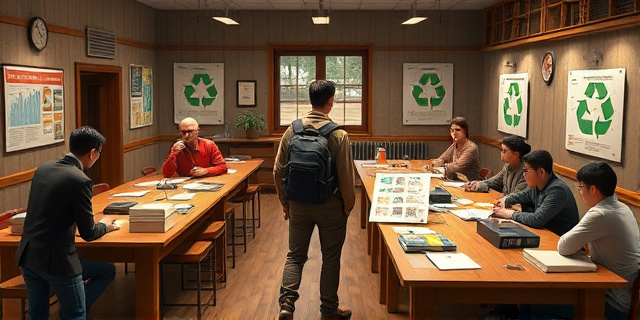 Una sala de reunión estilo oficina antigua, mesas de madera con papeles desordenados y carteles de reciclaje pegados a las paredes. Personas en medio de una discusión, una figura central con una mochila llena de datos y otro grupo mirando un póster con estadísticas. La escena transmite la tensión entre la información y la resistencia social.
