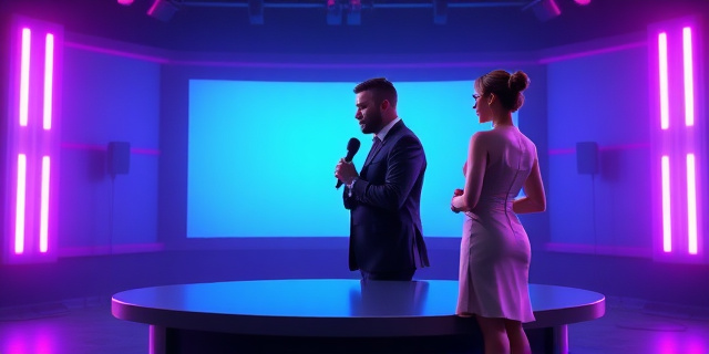Un estudio televisivo iluminado por luces de neón, con una mesa de presentación y una pantalla de gráficos de audiencia que parpadea en un tono azul profundo. En el centro, un presentador en traje oscuro sostiene un micrófono, mientras una figura femenina aparece al lado, vestida con un traje elegante y un gesto de confianza. La atmósfera transmite tensión y expectativa, con cables y equipos de sonido visibles en el fondo.