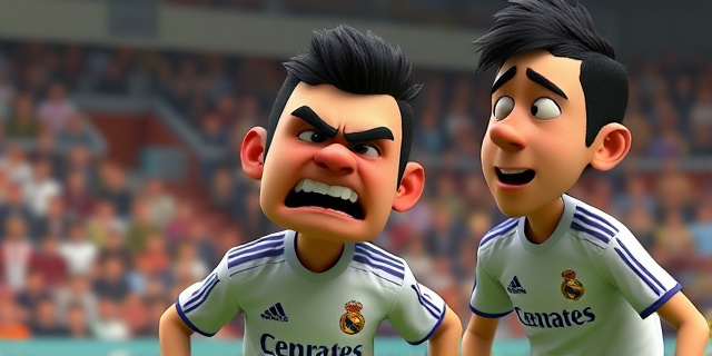 Una imagen de un jugador de fútbol con la camiseta del Real Madrid, con una expresión de enojo y con un golpe en la cabeza, mientras otro jugador lo mira con una expresión de sorpresa