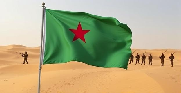 Una bandera de Somalia ondeando en un paisaje desértico con soldados de la Unión Africana en el fondo realizando una operación de mantenimiento de la paz.