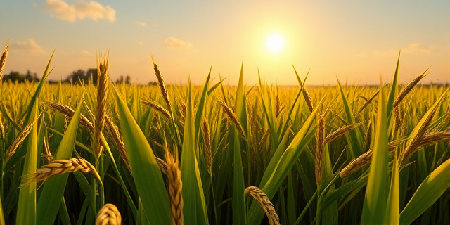 Un campo de arroz en un día caluroso, con el sol brillando en el cielo y el arroz comenzando a marchitarse