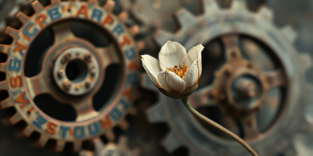 Una composición abstracta con engranajes oxidados y flores marchitas, simbolizando el impacto de la automatización en el empleo. Colores apagados, texturas desgastadas, con un foco de luz tenue sobre una flor a punto de desvanecerse.