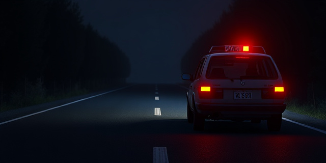 Una carretera oscura con un coche parado y una baliza V16 encendida, con un conductor dormido al volante