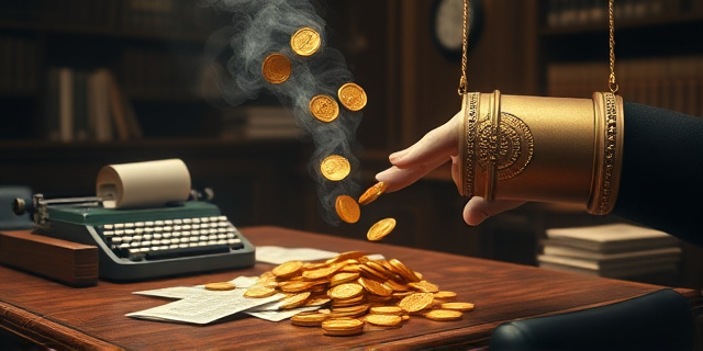Una ilustración conceptual al estilo editorial satírico. Un escritorio de oficina burocrática antigua con una máquina de escribir y carpetas llenas de papeles. Sobre el escritorio, una montaña de monedas de oro y billetes que se desvanece transformándose en humo, mientras una mano invisible con un anillo de sello oficial intenta recoger el dinero con un imán. Fondo con colores sepia y contrastes fuertes, atmósfera de juzgado antiguo.