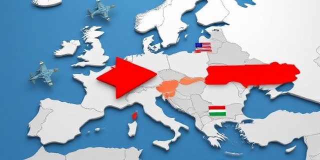 Un mapa de Europa con una flecha roja que apunta desde España hacia Oriente Medio, rodeado de aviones de combate y banderas de diferentes países