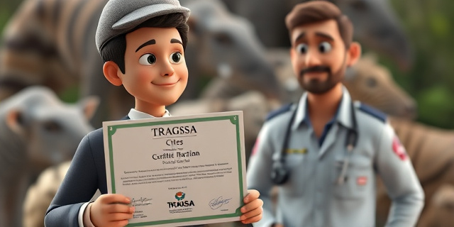 Una persona con un traje y corbata, sosteniendo un certificado Cites, mientras un técnico de Tragsa observa desde el fondo, con un fondo de animales protegidos
