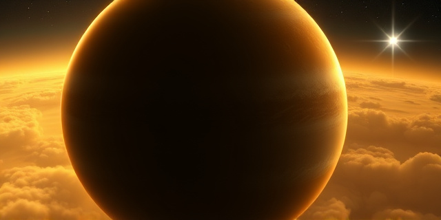 Representación artística de un planeta gaseoso gigante con una atmósfera turbulenta y nubes brillantes de color dorado y arena, iluminado por una estrella distante. Destacar la transición entre el día y la noche con una línea divisoria difusa y colores cálidos y fríos contrastantes. Estilo pictórico, con texturas que evoquen la arena y el vapor.