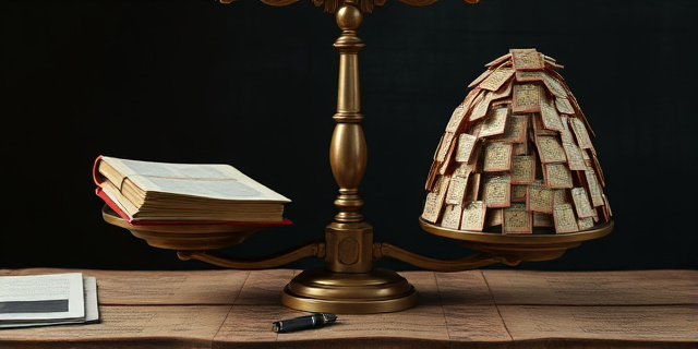 Una balanza antigua con un libro de registro en un plato y una montaña de DNIs digitales en el otro. Fondo oscuro y texturas que evoquen la burocracia y la fragilidad. Estilo pictórico, con pinceladas gruesas y colores apagados.