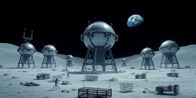 Una ilustración satírica y cinematográfica de una zona industrial futurista en la superficie lunar. Se ven robots humanoides ensamblando satélites metálicos brillantes bajo un cielo negro profundo con la Tierra visible al fondo. Estilo hiperrealista, con polvo lunar gris y luces LED industriales azuladas y blancas.