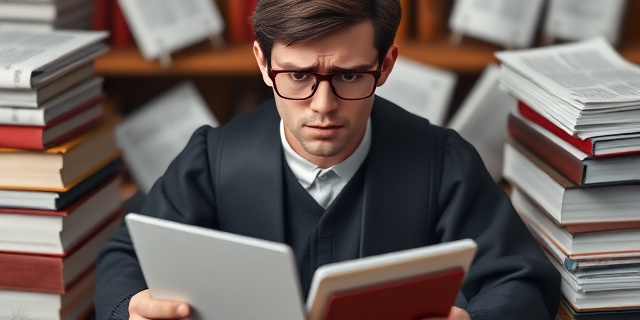 Una persona con una toga académica, rodeada de libros y papeles, con una expresión de duda y preocupación en su rostro.