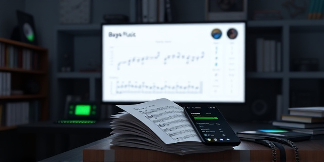 Una sala de estudio con una gran pantalla que muestra una gráfica de datos y una pila de partituras. Al fondo, un escritorio con un smartphone abierto sobre una lista de reproducción de Spotify. La iluminación es tenue, con luces verdes que resaltan los iconos de música y el pulso de datos.