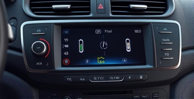 Imagen de un coche con el sistema de climatización activado, mostrando diferentes temperaturas en el interior y exterior, con indicadores de consumo de combustible y autonomía de batería.