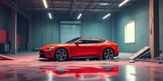 Una representación artística de un coche rojo moderno incrustado en un garaje destrozado. El estilo debe ser ligeramente surrealista, con colores vibrantes y una sensación de caos controlado. Enfatizar la ironía de la situación, con elementos que sugieran una tecnología avanzada fuera de control. No incluir rostros humanos.