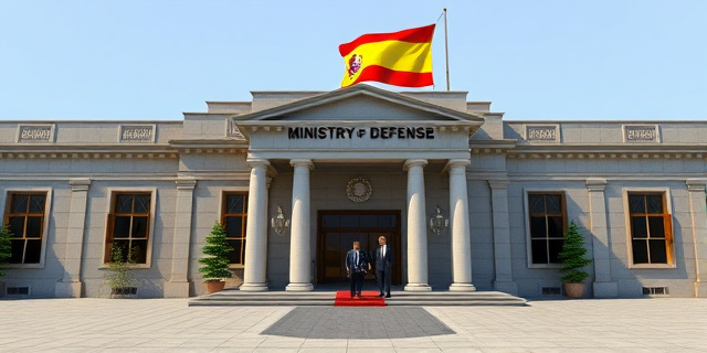Un edificio del Ministerio de Defensa con una bandera de España ondeando en el tejado, mientras un grupo de personas en traje oficial entran en el edificio