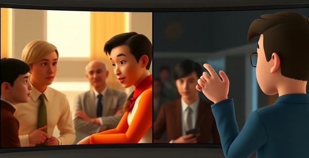 Una pantalla dividida mostrando una escena de película con personajes estereotipados y una persona cuestionando esas representaciones con un gesto de duda