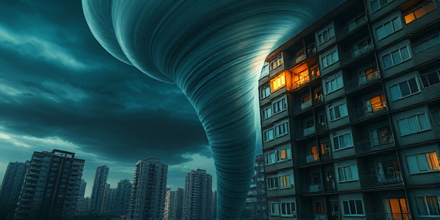 Una ilustración surrealista y dramática de un edificio de apartamentos moderno en una ciudad china bajo un cielo oscuro y tormentoso. Un tornado masivo y translúcido actúa como un vacío, succionando muebles y objetos domésticos desde una ventana abierta en el piso 12. Estilo artístico de realismo oscuro con contrastes fuertes de luz y sombras, capturando la fuerza del viento.