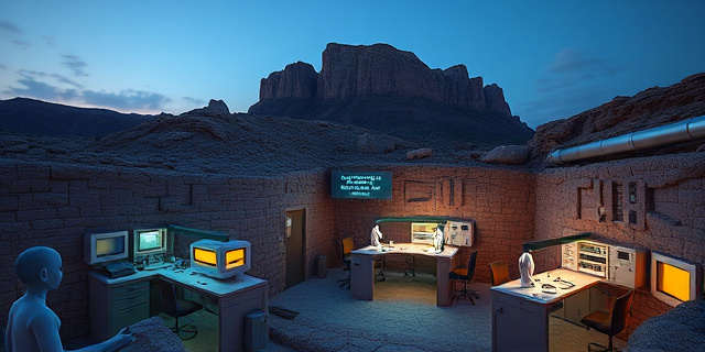 Un paisaje desértico de Nuevo México al atardecer, con una montaña de granito llamada Archuleta Mesa. En la base de la montaña, una entrada secreta con luces verdes y una placa metálica que sugiere tecnología avanzada. Al interior, un enorme laboratorio subterráneo con corredores iluminados, mesas de trabajo con instrumentos de investigación y figuras humanas y alienígenas de forma abstracta, sin rostros identificables, representando experimentos y conferencias.