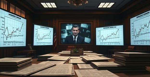 Una sala llena de documentos y pantallas mostrando gráficos de corrupción y conspiración, con un ambiente tenso y sombrío. Al fondo, una imagen borrosa de una reunión secreta.