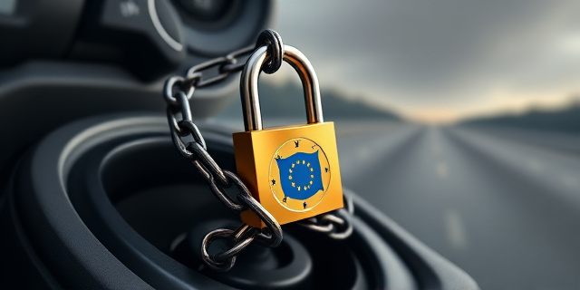 Una ilustración conceptual y satírica de un pedal de acelerador de coche envuelto en una cadena de hierro con un candado dorado con la bandera de la Unión Europea. El fondo es una carretera infinita y gris, con un estilo artístico de editorial moderno, colores contrastados y un enfoque cinematográfico.
