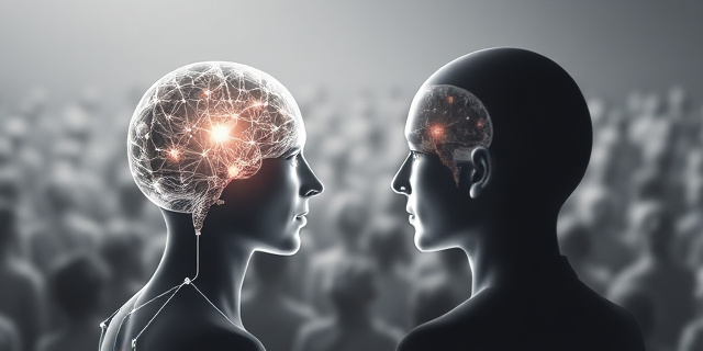 Un cerebro humano estilizado con líneas de pensamiento que se convierten en luces de colores, rodeado de burbujas que representan conversaciones superficiales y profundas. Fondo nebuloso con símbolos de patrones y conexiones.