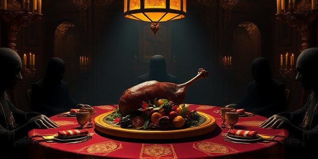 Una mesa lujosa con un cordero asado en el centro, rodeada de sombras que se asemejan a figuras encadenadas. El ambiente es opulento pero inquietante, con un juego de luces y sombras que crean una sensación de amenaza. Colores dorados y oscuros predominantes, con un toque de rojo sangre.