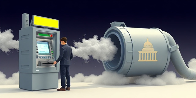 Una ilustración conceptual y satírica. Un ciudadano común frente a un cajero automático donde el dinero que sale se convierte en humo que es absorbido por una aspiradora gigante con el logo de un edificio gubernamental. Estilo arte digital moderno, colores contrastados, atmósfera de ironía social, sin rostros reconocibles.