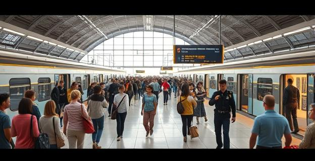 Estación de tren moderna y concurrida con pasajeros evacuando y policías presentes