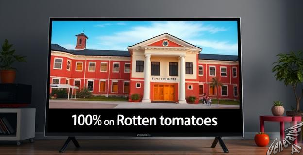 Una imagen de una pantalla de televisión mostrando la portada de la temporada 2 de Gen V, con un fondo de la universidad Godolkin y un titular que dice '100% en Rotten Tomatoes'.