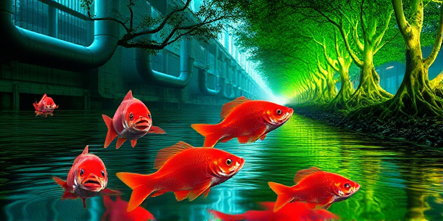 Una ilustración conceptual y surrealista de un río cristalino donde los peces tienen un aura eléctrica y vibrante de colores neón, sugiriendo hiperactividad. En el fondo, se ven tuberías urbanas integrándose orgánicamente con las raíces de los árboles de la ribera, que brillan con tonos artificiales. Estilo artístico digital, saturado, con un contraste entre la naturaleza verde y el neón sintético.