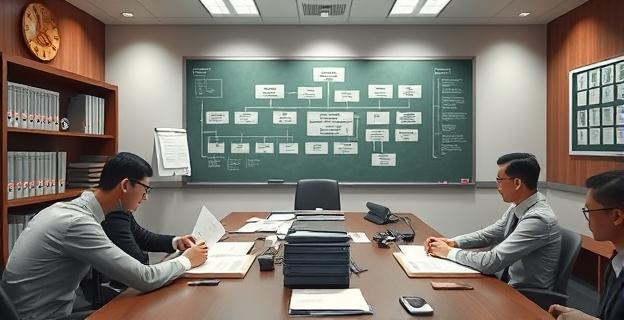 Oficina de una empresa estatal con documentos y registros siendo revisados por investigadores, con una atmósfera de tensión y seriedad. En el fondo, un organigrama corporativo complejo en una pizarra.