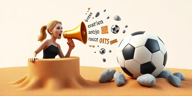 Una ilustración satírica y conceptual que muestra un podio de senado hecho de arena, donde una figura femenina elegante pero con expresión agresiva grita a través de un megáfono dorado. El megáfono transforma las palabras en piedras y símbolos racistas antiguos. Al fondo, un balón de fútbol moderno y brillante está siendo golpeado por estas piedras, simbolizando la colisión entre el deporte global y la intolerancia política. Estilo editorial de revista, colores contrastados, fondo minimalista.